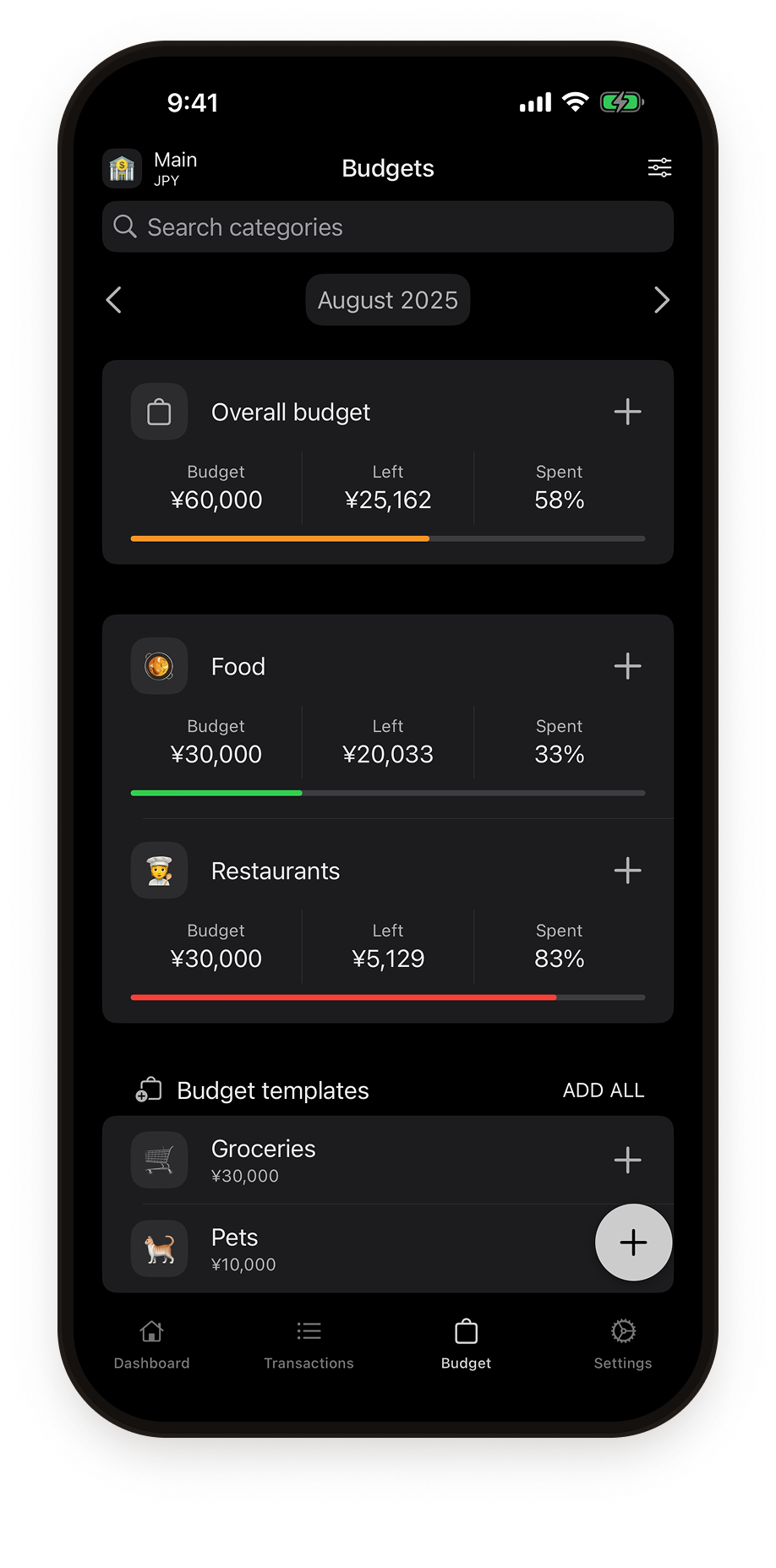 Budgets screen in dark mode