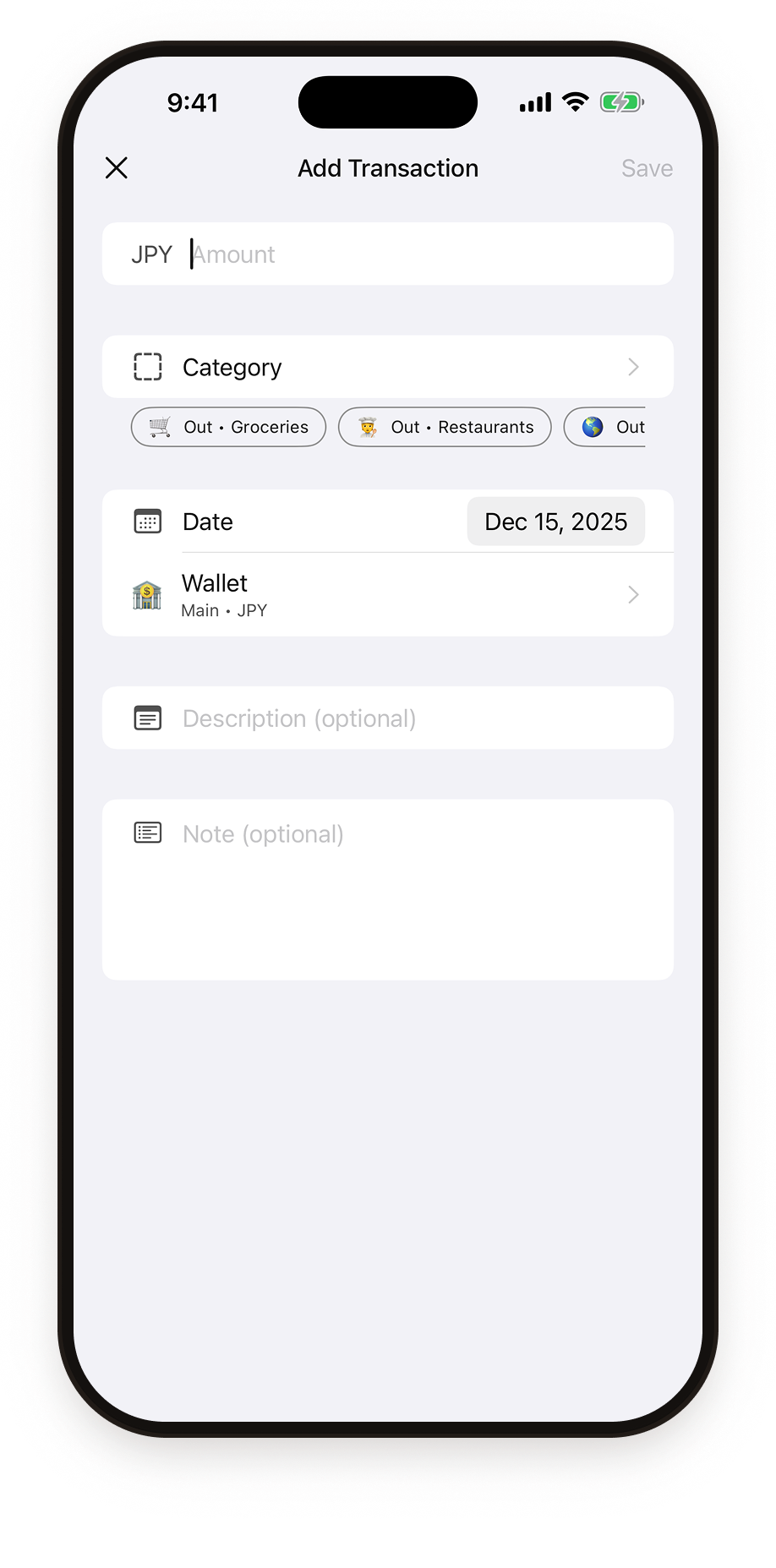 Add transaction screen